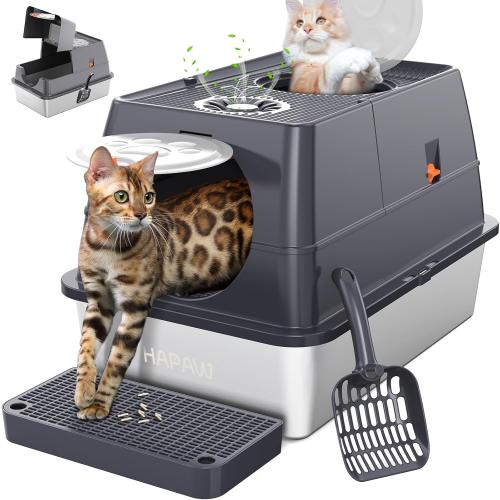 Color Dark Grey Stainless Steel Litter Box with Lid, 135° Flip-Top Extra Large Cat Litter Pan, Enclosed Metal Litter Box with Litter Scoop & Filter Pedal, Odor Free, Front & Top Dual Entry