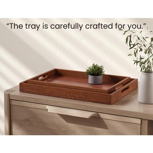 Bamboo Set of 2 Serving Tray with Handles,Decorative Trays Platter,Breakfast Tray in Bed,Food Drinks Tray for Eating,Working,Storing(Brown)