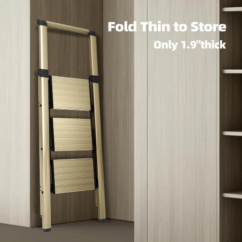 HillhutApex 3 Step Foldable Aluminum Step Ladder with Handgrip, Anti-Slip Pedal, 330 lbs Capacity, Lightweight & Portable for Home, Kitchen, Office, Garage (Gold)