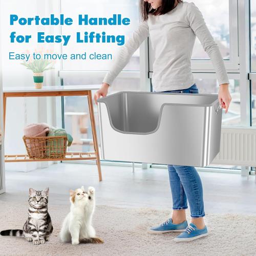 40L XXL Stainless Steel Litter Box with High Sides,No Sharp Edges for Big Cats Maine Coon,One-Piece Deep Stainless Steel Litter Boxes with Tall Sides,Anti-Leakage,Non-Sticky,Easy Clean(Front Entry)