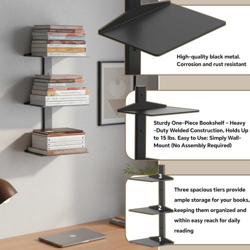 Invisible Floating Bookshelf for Wall Mounted, 2 Pack Black Spine Book Tower, 6 Tier Vertical Book Organizers, Heavy Duty Floating Book Shelves – No Assembly Required, for Office, Bedroom, Kids Room