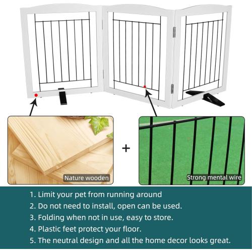Dog Fence Indoor,Dog Gate Indoor for Doorway pet gate -3-Panel Freestanding, Hallways, House or Stairs -60x24-Inch Retractable Foldable Expandable Wood Pet by SFJC (White)