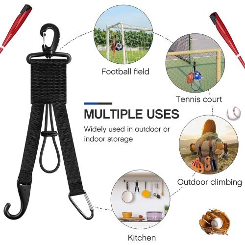 Deekin 4 Pcs Baseball Softball Gear Hanger 3 in 1 Dugout Organizer Bat Holder with Glove Clip and Helmet Hook for Fence Bag Water Bottle Hiking Camping (Black)