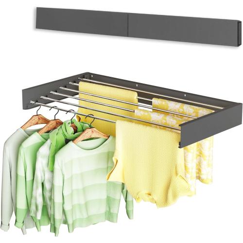 Vikaqi Wall Mounted Clothes Drying Rack 40, Foldable Wall Mount Laundry Rack Folding Indoor, Drying Rack Clothing Collapsible, Hidden Space Saver with Wall Template, 6 Rods, Black