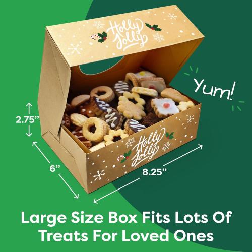 Christmas Cookie Boxes for Gift Giving - 12 Kraft Christmas Cookie Tins With Lids - Sturdy Christmas Treat Boxes, Christmas Tins - Festive Christmas Cookie Box Packaging - Cookie Boxes with Window