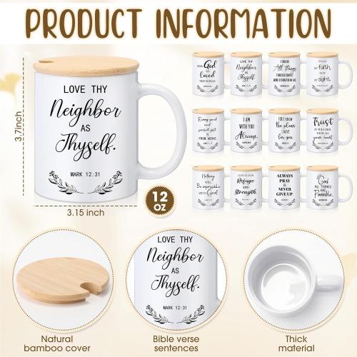 12 Sets Christian Gifts Bulk Religious Mugs 12oz Bible Verses Ceramic Coffee Cup with Lid Handle Spoon Inspirational Mug Church Gift for Coworker Employee Staff(Christian)
