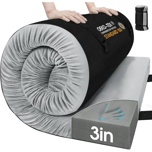 BLACK AND GREY CYMULA Memory Foam Camping Mattress Pad,3inch Sleeping Pad for Camping,Non-Slip Bottom Floor Cot Car Mattress Bed with Retaining Portable Roll up Mattress Pad Mat for Travel Truck Guest Bed Tent