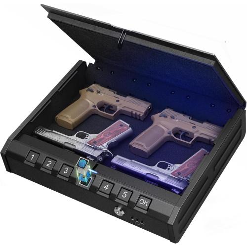 ONNAIS Large Biometric Gun Safe - Fingerprint Pistol Safes with Internal Light, Three Unlock Methods, and Emergency Power Supply, Gun Lock Box for Home, Nightstand, Bedside, and Car Use
