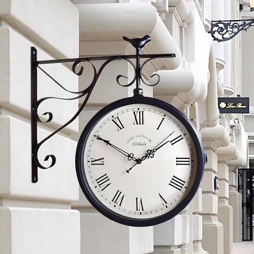 12 Inch Outdoor Clock, Indoor/Outdoor Double-Sided Hanging Clock with 360-Degree Spin Functionality, Metal Silent Clock Retro Wall Clocks for Patio Pool Home, Glass Lens, Scanning Movement