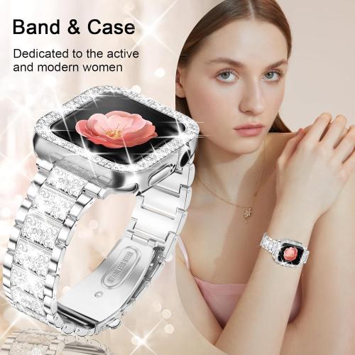 Bling Watch Bands with Bling Case for Women Compatible with Apple Watch Band 40mm Elegant Dressy Jewelry Replacement Metal Link Wristband Protector Cover for iWatch Series 7/8/9 SE Silver