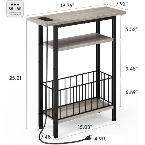 Vagusicc Narrow Side Table with Charging Station, Skinny Side End Table for Couch, 3-Tier Small End Tables for Small Spaces, 25.2 Tall Slim Nightstand Bedside Table for Living Room, Bedroom, Greige