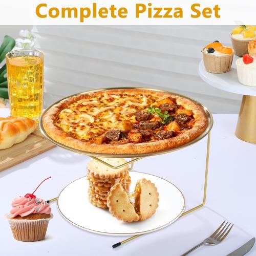 12 Pcs Pizza Pan Riser Stands Sets Includes 4 Metal Pizza Table Stands 4 Pizza Pan and 4 Wood Handle Pie Server, Pizza Rack Stand Pizza Tray for Pizza Dessert Cheese (Gold) ❗MAY HAVE MISSING PIECES❗