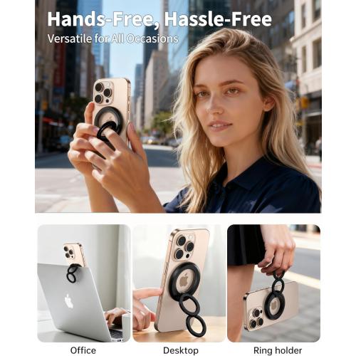 Magnetic Phone Ring MagSafe Phone Grip, Magnetic Cell Phone Stand Holder Finger Ring [Super Magnet] [360° Rotation] [Double Bracket] - Black 2025 New