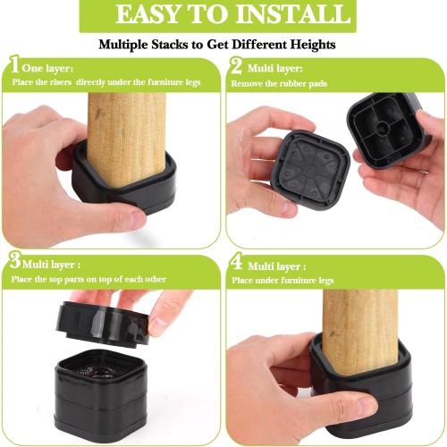 8 Pack Furniture Risers 1 or 2 Inch, Adjustable Bed Risers Heavy Duty For Table Desk Couch Chair Sofa Cabinet Bed Legs Dorm, Square Stackable Bed Raisers Blocks Lift Height 1, 2 or 3, Black