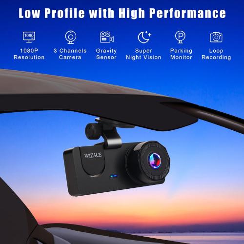 3 Channel Dash Cam Front and Rear Inside with 64GB Card, WIZACE1080P Dash Camera for Cars, Dashcam Three Way Triple Car Camera with IR Night Vision, Loop Recording, G-Sensor, HDR, 24 Hours Recording