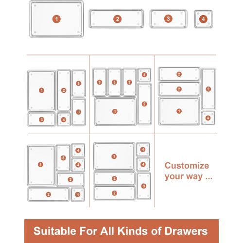 SMARTAKE 8 Piece Drawer Organizer with Non-Slip Silicone Pads, Desk Drawer Organizer Trays Storage Tray for Makeup, Jewelries, Utensils in Bedroom Dresser, Office and Kitchen (Clear)