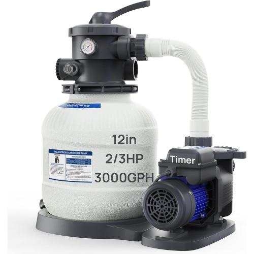 AQUASTRONG Sand Filter Pump for Above Ground Pool, Pool Pumps Above Ground with Timer, Pool Sand Filter with 6-Way Valve,Improved Circulation and Filtration,12in, up to 14000 Gallons