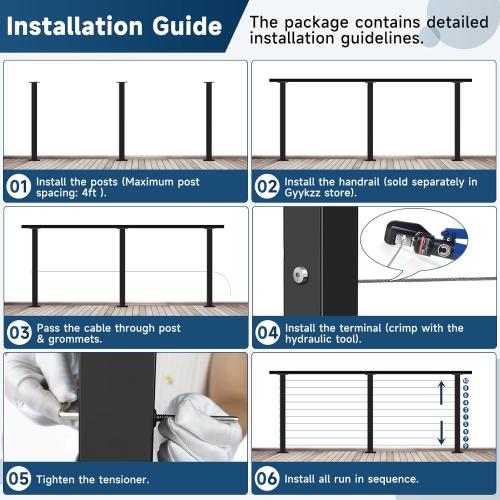 36 Cable Railing Post, Fixed Top Level Drilled Line Post with Cable Grommets, Stainless Steel Black Powder Coated Finish Handrail Post, Heavy-Duty Wire Railing Post for Wood/Concrete Deck