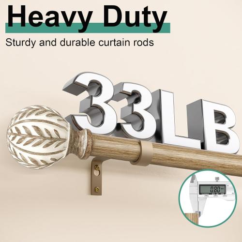 2 Pack Boho Wood Curtain Rods for Windows 66 to 120 inch,1 Adjustable Heavy Duty Window Curtain Rod with Imitation Wood Grain Finials,Rustic Decorative Drapery Rods Set 36-120'',Weathered Wood