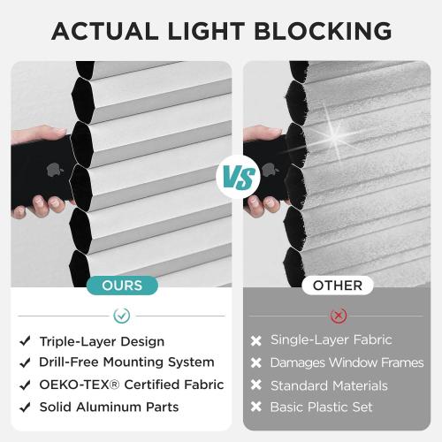 Joydeco No Tools No Drill Blinds for Indoor Windows, Cordless Window Blinds Cellular Shades Top Down Bottom Up Blackout Honeycomb Blinds Thermal Insulated Noise Reduction (White, 43 W x 64 H)