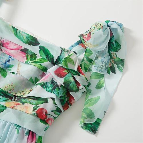 Women Size 12 Backless Flower Long Dress Bow Straps High Waist Pleated Beach Dress Chic Large Swing Sundress