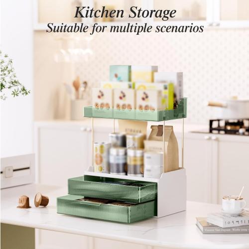 Bathroom Counter Organizer, 2-Tier 2-Drawer Makeup Organizer Countertop, Easy to Install, Ideal for Bathroom Storage, Vanity, Perfume, Large Skincare, Present, and More, DarkGreen