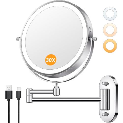 Auxmir 1X/30X Wall Mounted Makeup Mirror with Light, 8 Rechargeable Double-Sided Magnifying Mirror, Vanity Mirror Dimmable 3 Color Light, 360° Extension Rotation Foldable 14.5 Inch Arm, Chrome