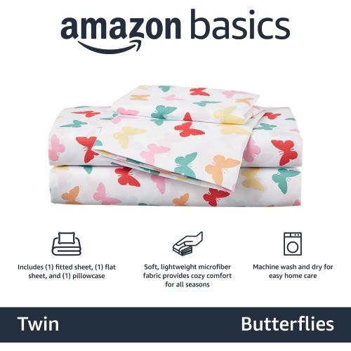 Amazon Basics Kid's Soft Easy-Wash Microfiber 3-Piece Sheet Set, Twin, Multi-Color Butterflies, Butterfly Friends, Printed