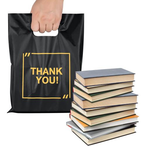 50 Pack Die Cut Plastic Shopping Bags with Thank You Logo 9x12 Merchandise Bags Extra Thick Glossy and Shopping Bags for Retail,Boutique Bags with Handles for Merchandise, Gifts, Trade Shows