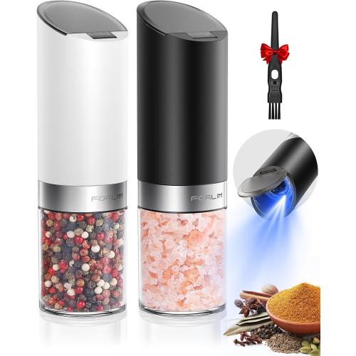 FORLIM Gravity Electric Salt and Pepper Grinder Set with Dust Cover LED Upgraded Batteries Powered Automatic Pepper Grinder Adjustable Coarseness, L Capacity for Kitchen Travel, White & Black