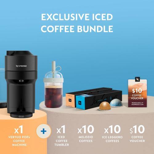 Nespresso Vertuo Pop  Cold Value Added Bundle with Iced Coffee Tumbler by De'Longhi, Liquorice Black