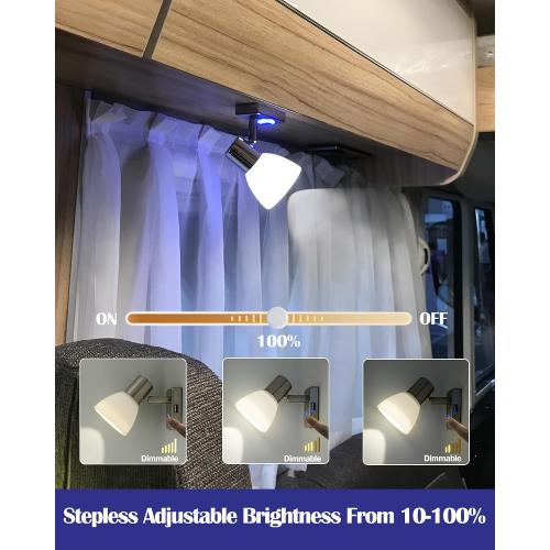 THALASSA 2 Pack RV Interior 12V Reading Light with USB Port and Inbuild Touch Dimmable Switch - Frosted Glass Shade Brushed Nickel, Surface Mount on Camper Van, Warm White, Small Base