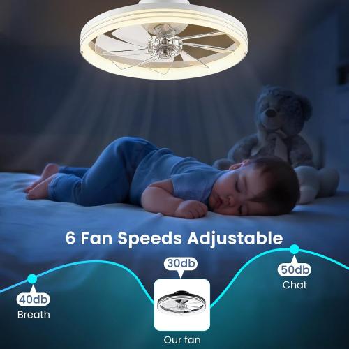 CHAREADA Ceiling Fans with Lights and Remote, 20 Foldable Fan with Light | Low Profile Stepless Color Temperature Change and 6 Speeds for Bedroom, Kids Room and Living Room (Stripe White)