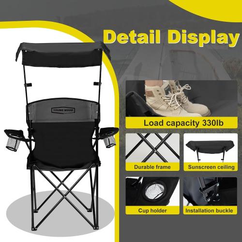 YOUNG WOOD Camping Chair with Canopy, Beach Chair with Shade,Portable,Lightweight Oversized for All, Easy to Open and Close Without Installation, Side Pocket Design for All Outdoor Activities，Black