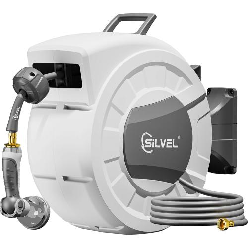 Retractable Garden Hose Reel, 1/2 x 100ft Wall Mount Heavy Duty Automatic Hose Reel with 10 Pattern Nozzle, Any Length Lock & Slow Return System, 180°Swivel Bracket Upgraded UV Resistant,Light Grey
