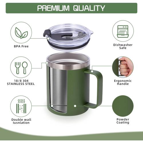 Volhoply 12oz Insulated Leakproof Coffee Mug with Flip & Straw Lid,Double Wall Vacuum Stainless Steel Travel Tumbler Cup with Handle,Reusable Camping Mugs Keep Cold/Hot(Army Green,1 Set)