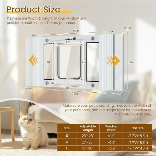 Cat Door for Window, Quick Installation Adjustable Width of 27-32, Cat Window Door with 4 Locking Modes, Magnetic Closure Design, Weatherproof Aluminum Frame Cat Door Window Insert
