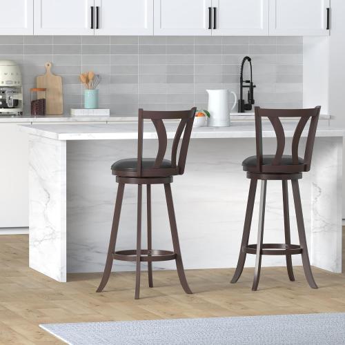 COSTWAY Bar Stools Set of 2, 360-Degree Swivel Stools with Leather Padded Seat, Single Slat Back & Solid Rubber Wood Legs, Counter Height Stools for Pub, Restaurant, Kitchen, Brown (2, 29inch)