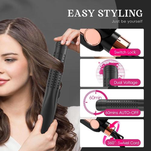 Cool Airflow Styler, Titanium Flat Iron Hair Straightener, Professional Curling Iron with Cooling Air Vents to Lock in Style, 5 Temps & Dual Voltage, Auto Off(Black & Coral).