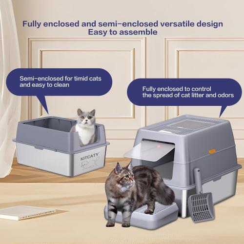 XXXL Stainless Steel Litter Box with Lid，Extra Large 28L*20W*18.1H Metal Cat Litter Boxs,Jumbo Enclosed Removable Litter Box High Sides For Big Cats,with Cat Litter Scoop, Leak-Proof, Easy to Clean