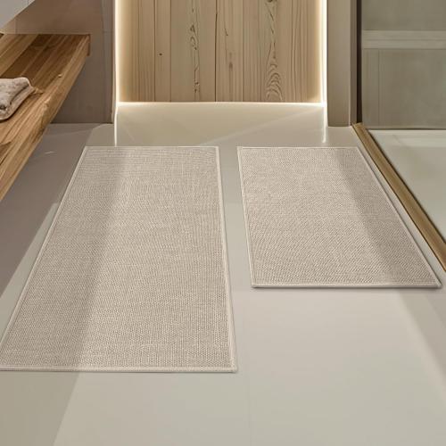 Bathroom Rugs Thin Bath Mat Sets 2 Pieces Quick Dry,Beige | Ultra Thin Absorbent Bath Rug Set for Bathroom,Low Pile,Machine Washable Rug for Toliet，Shower,（17x24 17x32）