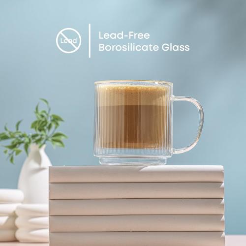 JoyJolt Haven Stackable Fluted Glass Mugs, Set of 2 Ribbed Double Wall Insulated Coffee Cups, 13.5oz Clear Mugs