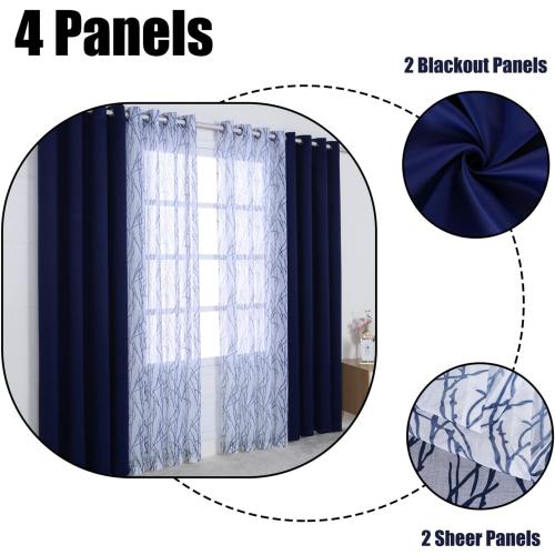 Mix and Match Curtains - 2 Pieces Branch Print Sheer Curtains and 2 Pieces Blackout Curtains for Bedroom Living Room Grommet Window Drapes,