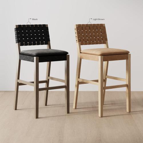 Nathan James Cohen Mid-Century Modern 29 in. Wood Bar Stool, Upholstered Faux Leather Bar Height Stool with Solid Wood Frame, Natural Brown, Set of 2