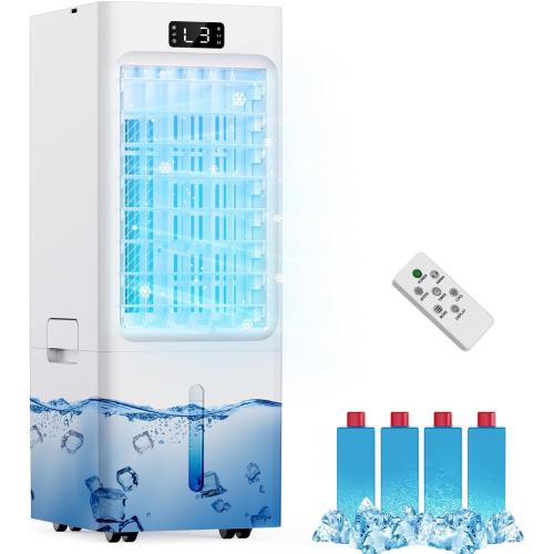 Evaporative Air Cooler, 6L Windowless Portable Air Conditioners, 4-IN-1 Swamp Cooler with 4 Ice Packs, 4 Modes & 3 Speeds, Auto Oscillating, 12H Timer, 17FT Remote, Cooling Fan for Office, Home