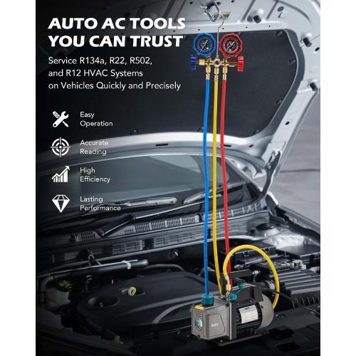 Orion Motor Tech AC Vacuum Pump and Gauge Set, 1/4 hp 3.5 cfm Vacuum Pump Manifold Gauge Kit with 3 Hoses Adapters & Accessories for R134a R12 R22 R502, A/C Vacuum Pump Kit for Auto HVAC Systems