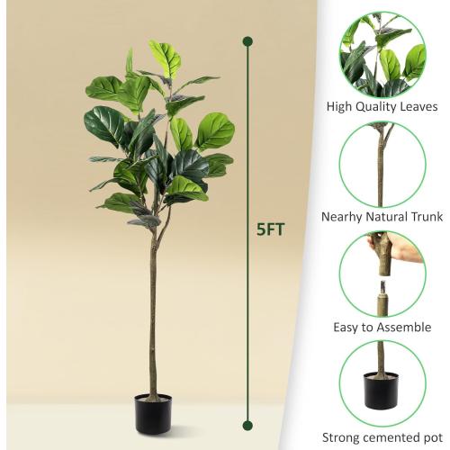 Artificial Fiddle Leaf Fig Tree, 5FT Faux Ficus Lyrata Plant Tall Fake Tree for Home Decor Artificial Tree for Indoor Office Living Room (Fiddle Leaf Fig Tree, 5 FT)