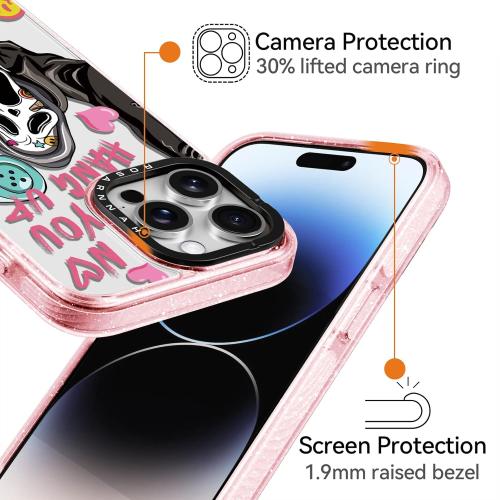 for iPhone 14 Pro Max Case Cute - Durable Shockproof 6.6 ft Drop Impact Phone Case - Funny Skeleton Design (6.7) Glitter Pink