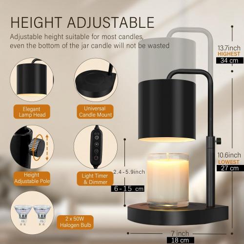 Candle Warmer Lamp Adjustable Height Dimmable with Timer Large Jar Candles Compatible - No Flame Scented Wax Warmer with 2 Bulbs - Mothers Day Gift - Black