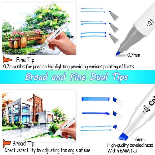 Caliart Alcohol Based Markers, 52 Colors Art Marker Set Fine & Chisel Dual Tip, Permanent Colored Pens for Adults Artists Coloring Book Illustration Sketch Lettering Drawing Cards Planner